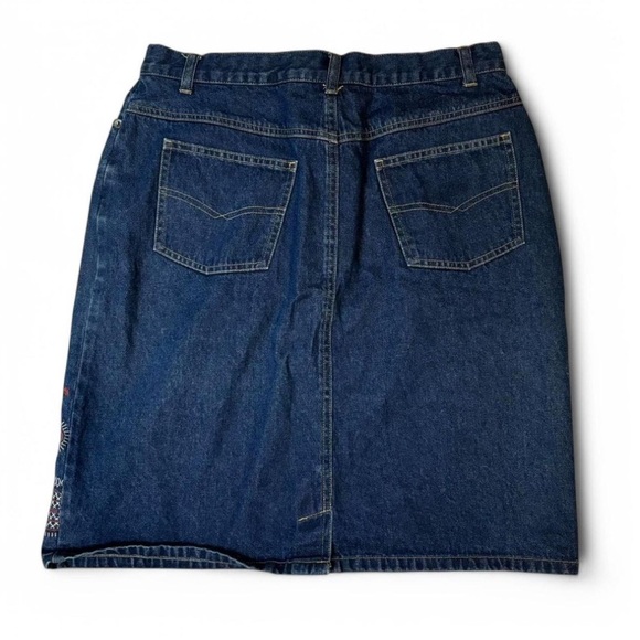 Vintage Y2K Denim Skirt Sz 14 Boho Floral Embroidered Mid Rise Indie Western 90s - Picture 2 of 4